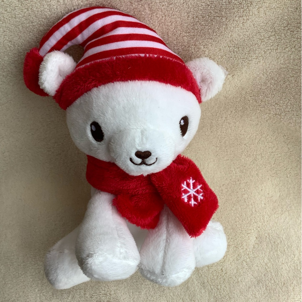 MTY International Plush Bear Rattle Inside Red Hat and Scarf Stuffed Animal Toy